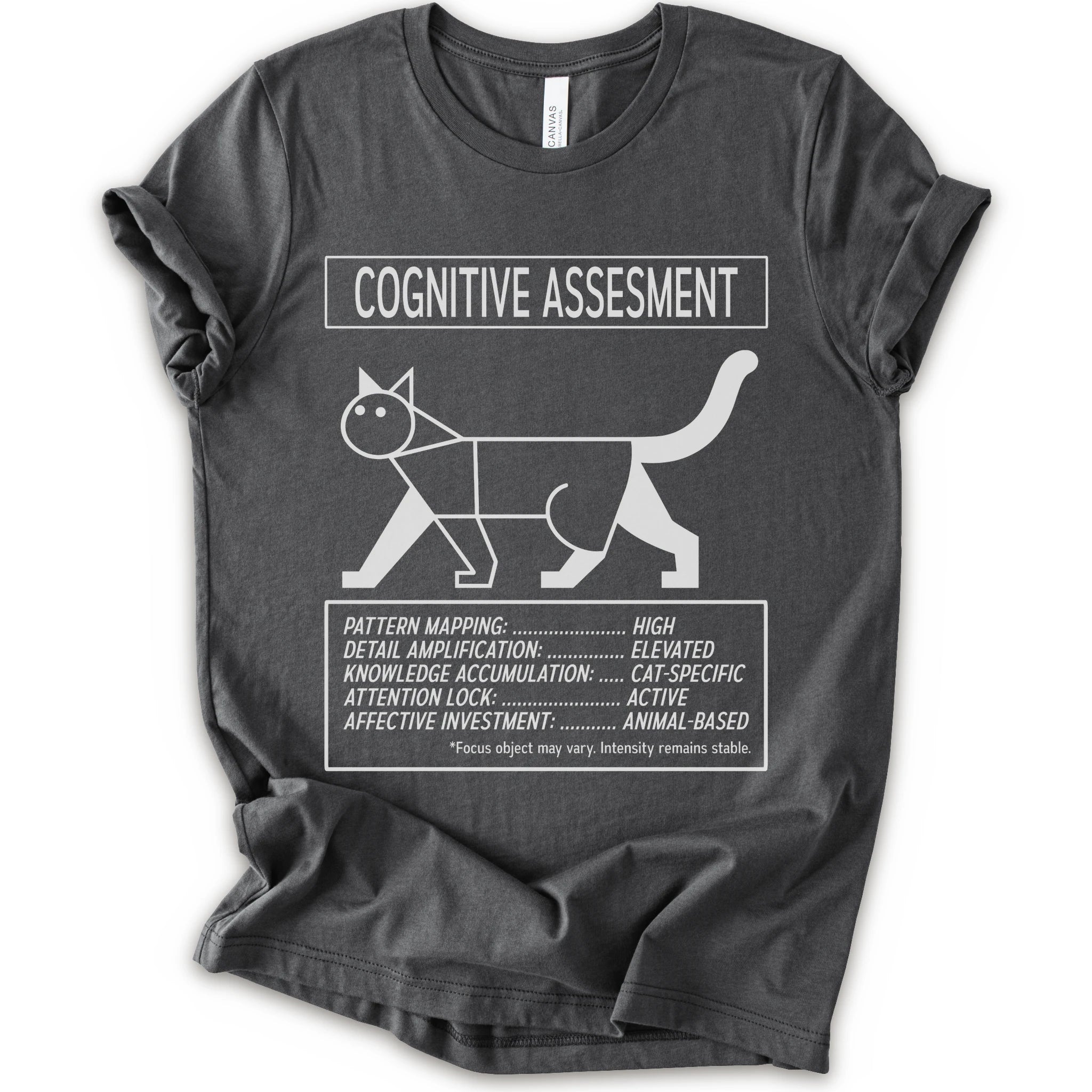 A asphalt short-sleeve t-shirt with a white graphic print titled 'COGNITIVE ASSESSMENT' featuring a minimalist line drawing of a cat and a checklist-style design.