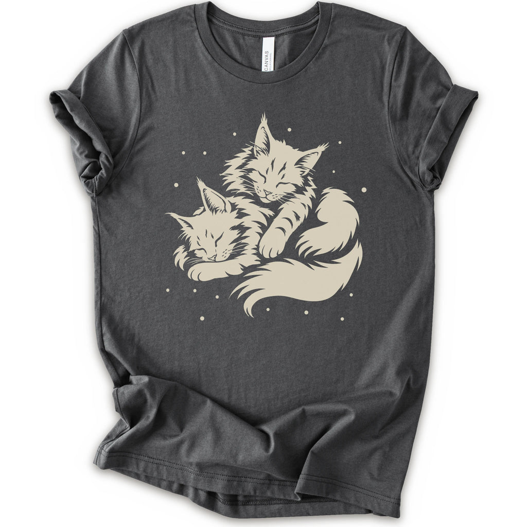 A asphalt short-sleeve crewneck t-shirt featuring a cream-colored graphic of two sleeping fluffy kittens nestled together on a white background.