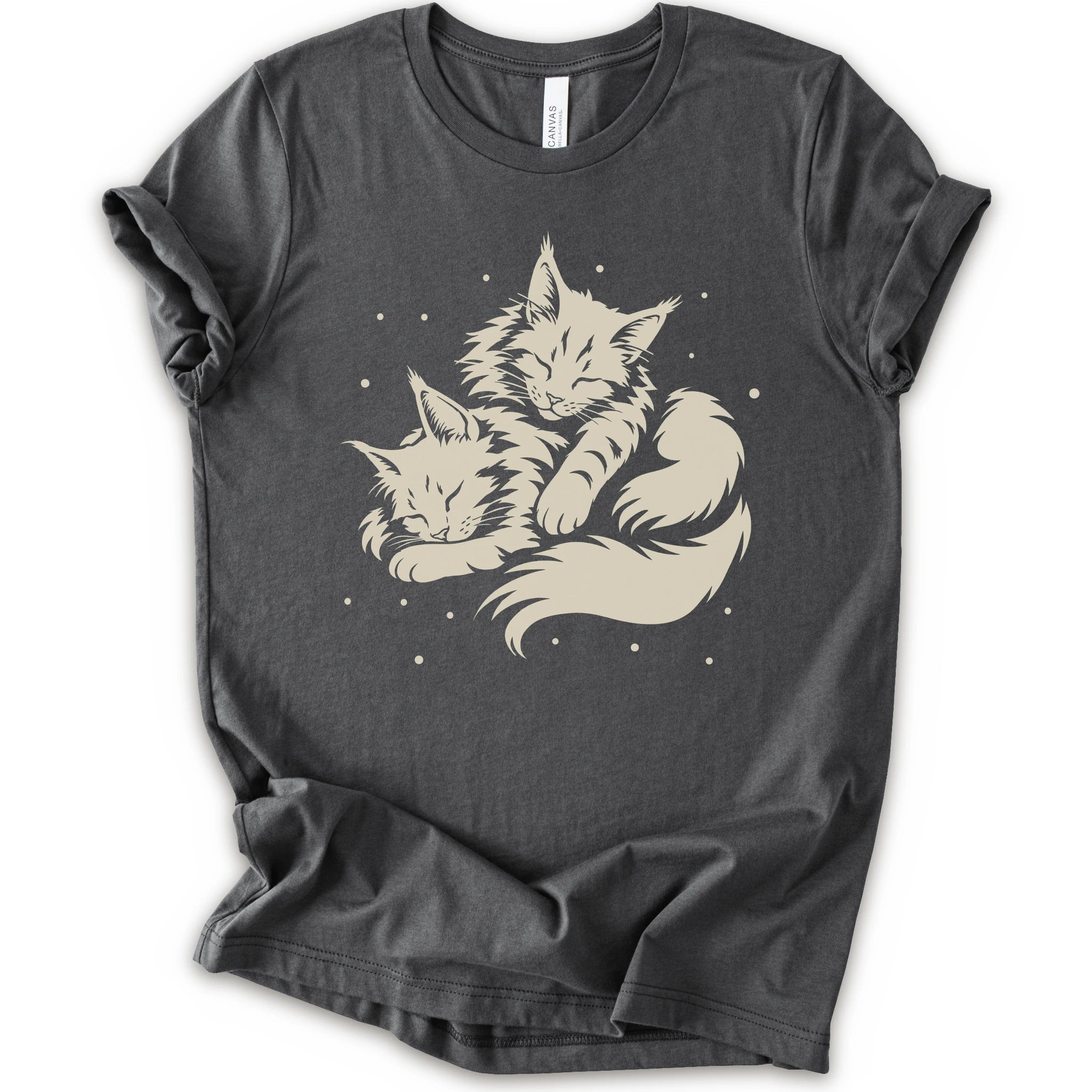 A asphalt short-sleeve crewneck t-shirt featuring a cream-colored graphic of two sleeping fluffy kittens nestled together on a white background.