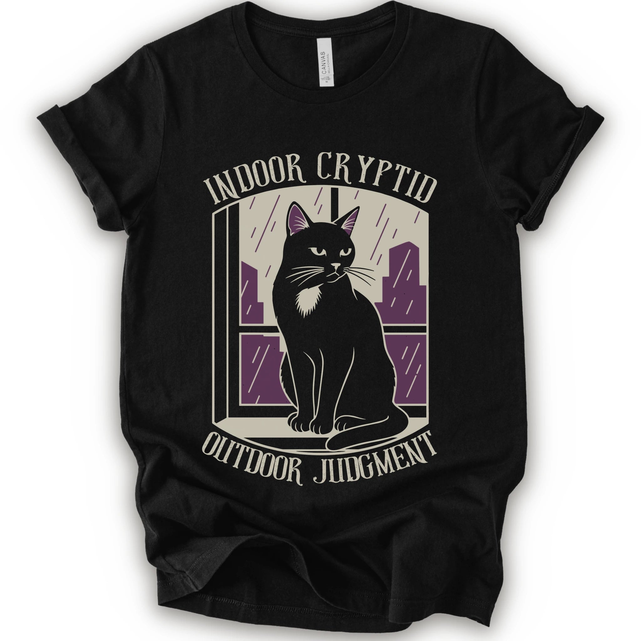 A black short-sleeve graphic t-shirt featuring a stylized illustration of a black cat sitting in front of a window with purple rain streaks, with the text 'INDOOR CRYPTID' and 'OUTDOOR JUDGMENT' printed on the front.