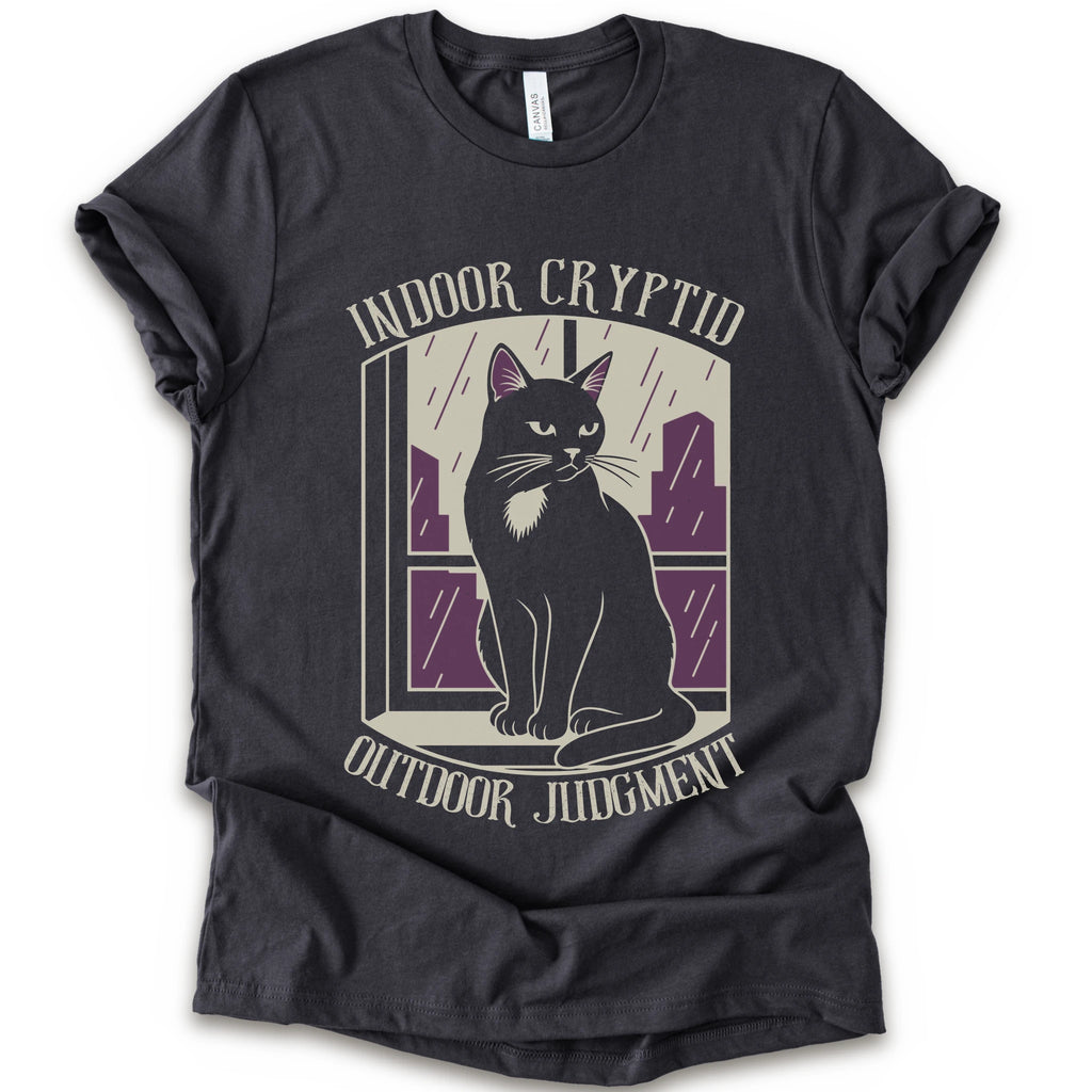 A dark grey short-sleeve graphic t-shirt featuring a stylized illustration of a black cat sitting in front of a window with purple rain streaks, with the text 'INDOOR CRYPTID' and 'OUTDOOR JUDGMENT' printed on the front.