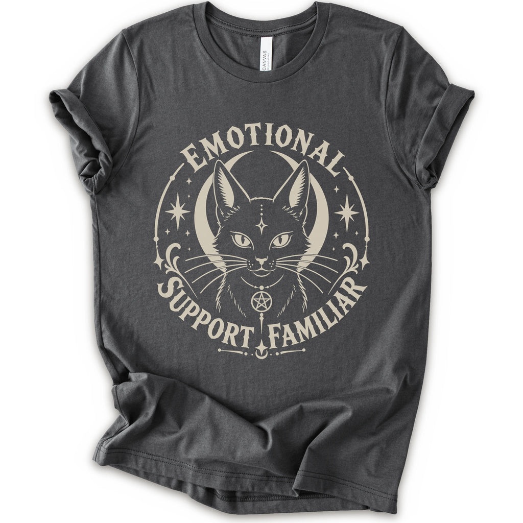A asphalt short-sleeve crewneck t-shirt with a distressed cream graphic of a cat's face inside a circle, surrounded by the text 'EMOTIONAL SUPPORT FAMILIAR'.