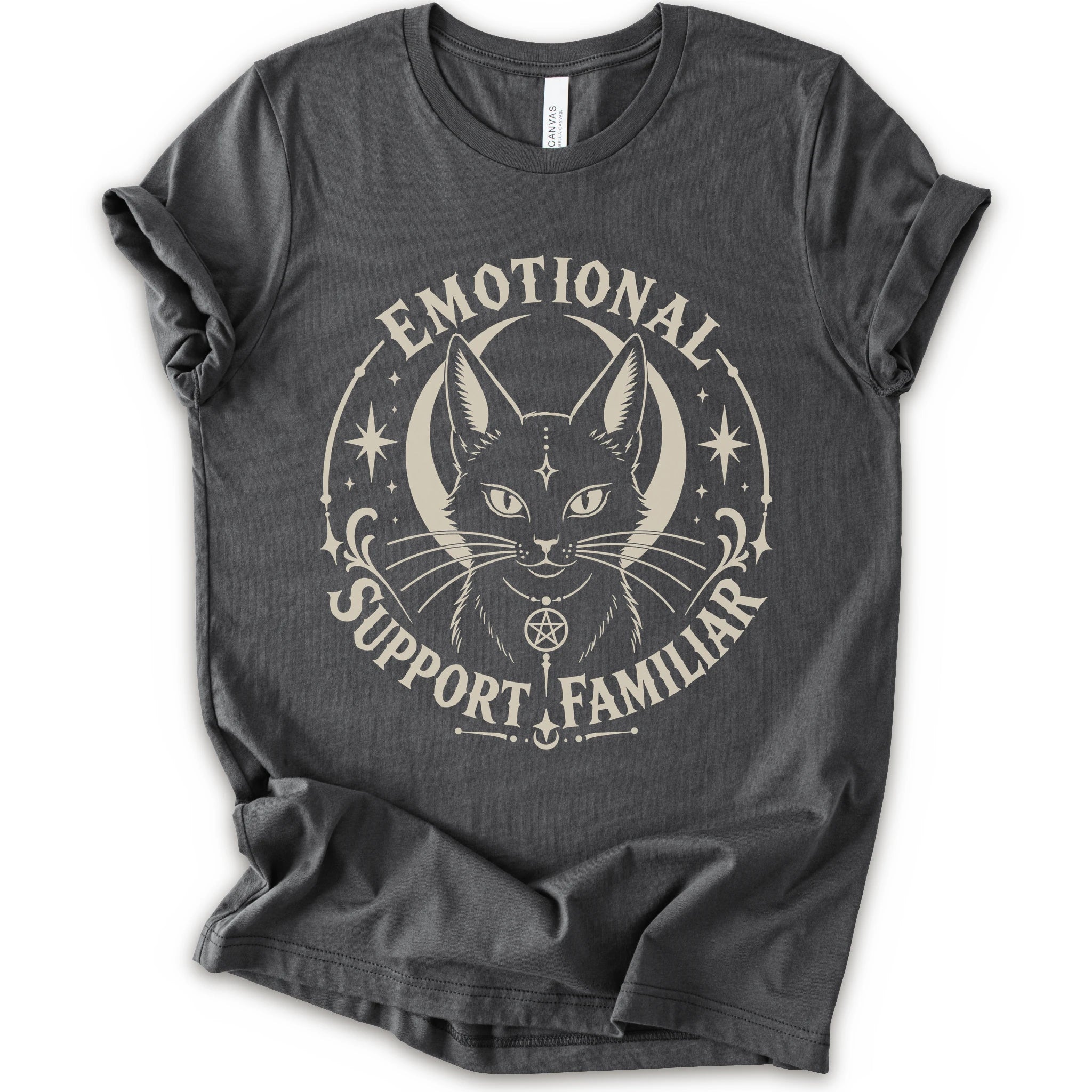 A asphalt short-sleeve crewneck t-shirt with a distressed cream graphic of a cat's face inside a circle, surrounded by the text 'EMOTIONAL SUPPORT FAMILIAR'.