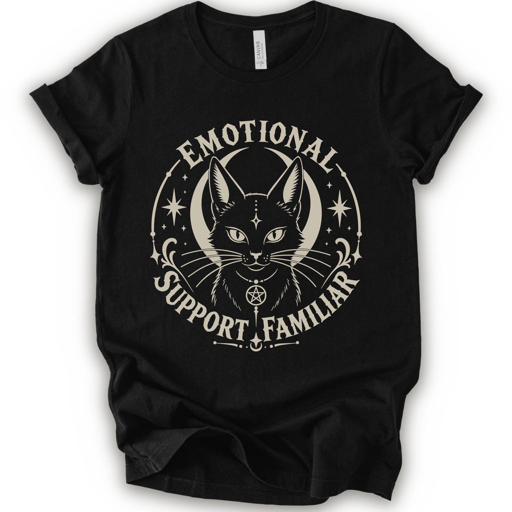 A black short-sleeve crewneck t-shirt with a distressed cream graphic of a cat's face inside a circle, surrounded by the text 'EMOTIONAL SUPPORT FAMILIAR'.