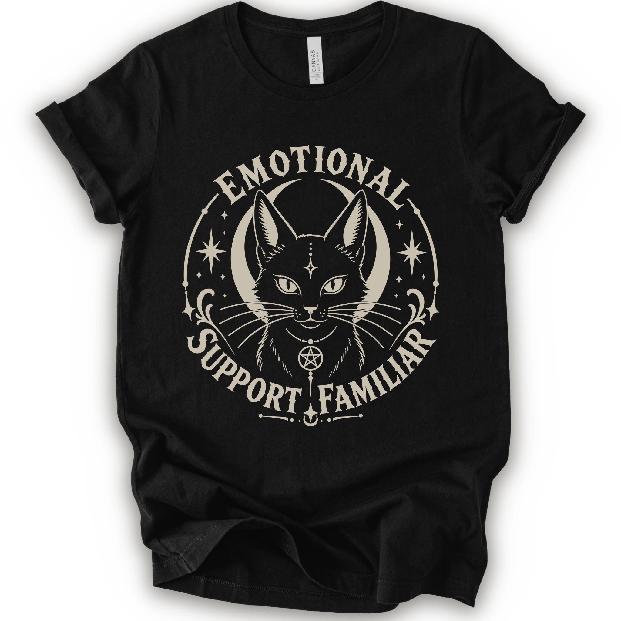 A black short-sleeve crewneck t-shirt with a distressed cream graphic of a cat's face inside a circle, surrounded by the text 'EMOTIONAL SUPPORT FAMILIAR'.
