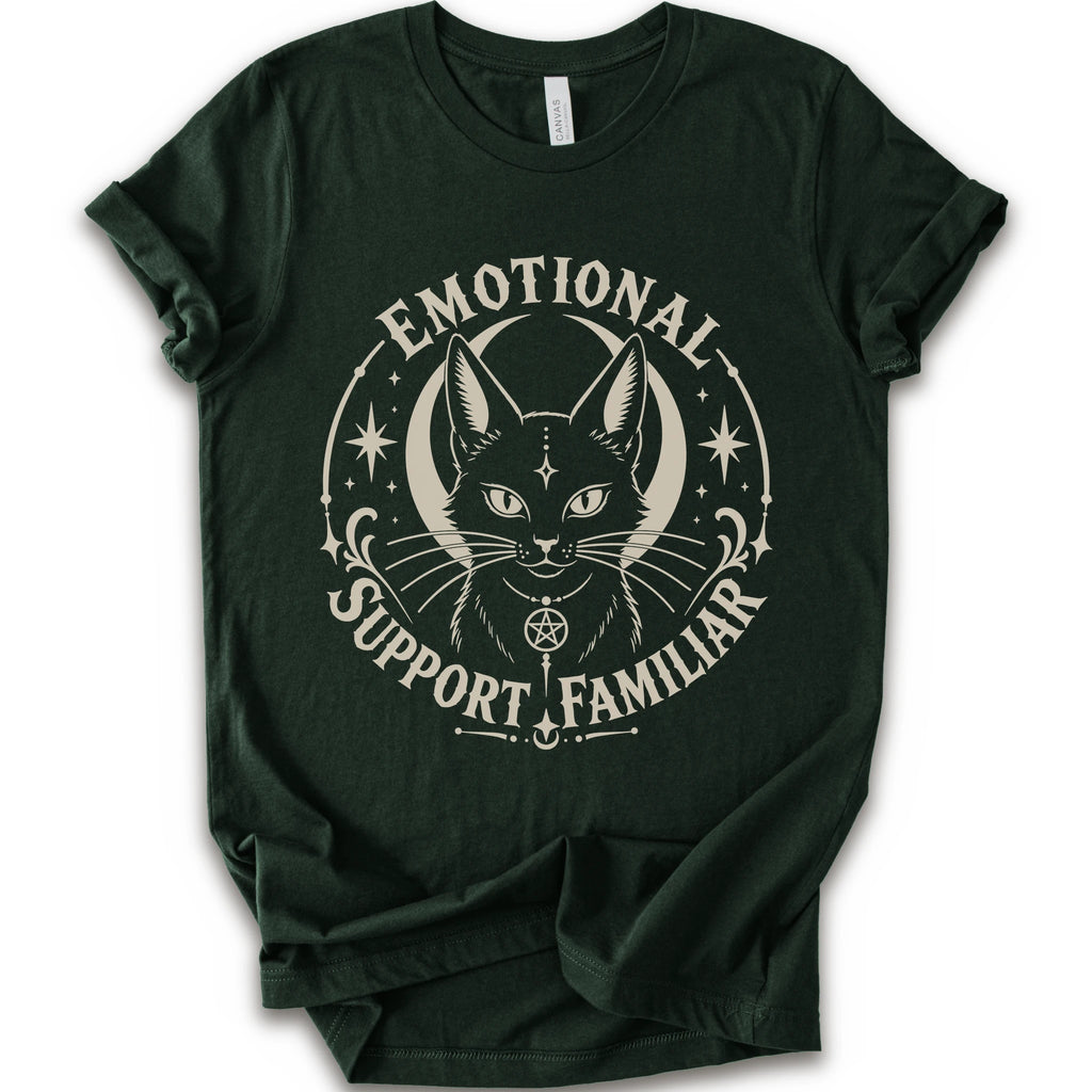 A forest short-sleeve crewneck t-shirt with a distressed cream graphic of a cat's face inside a circle, surrounded by the text 'EMOTIONAL SUPPORT FAMILIAR'.