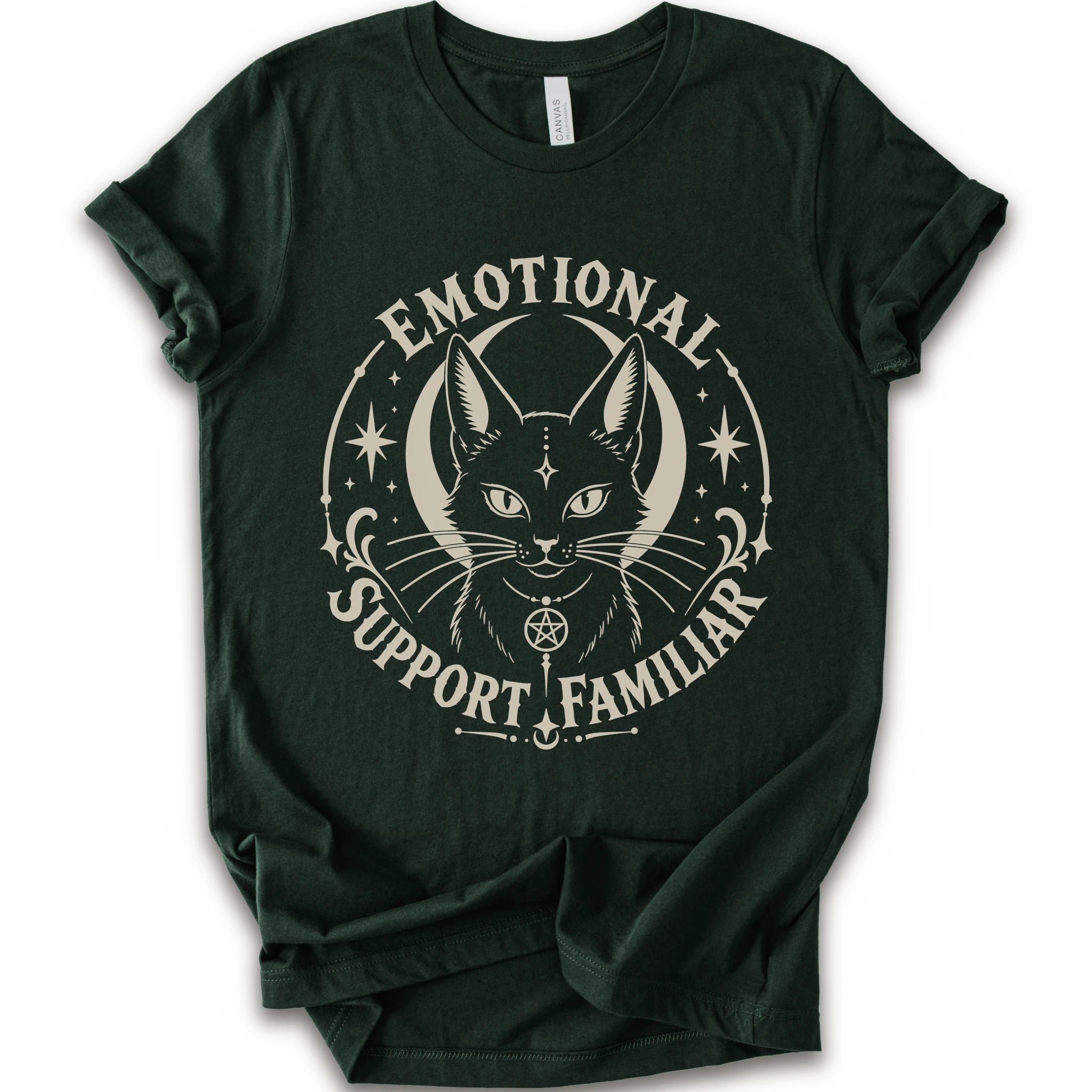 A forest short-sleeve crewneck t-shirt with a distressed cream graphic of a cat's face inside a circle, surrounded by the text 'EMOTIONAL SUPPORT FAMILIAR'.