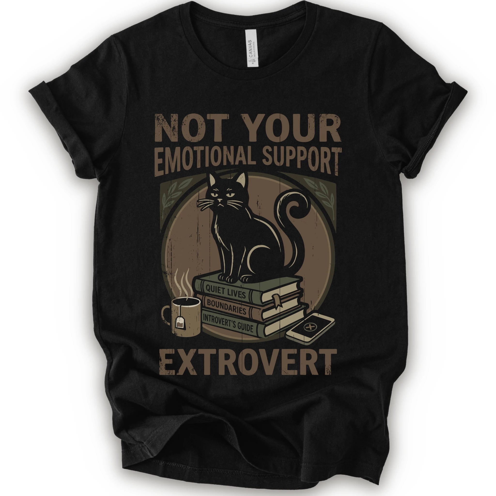 A black short-sleeve graphic t-shirt laid flat on a white background. The shirt features a vintage-style illustration of a black cat sitting on a stack of books next to a mug, with the text 'NOT YOUR EMOTIONAL SUPPORT' above and 'EXTROVERT' below in a distressed tan font.
