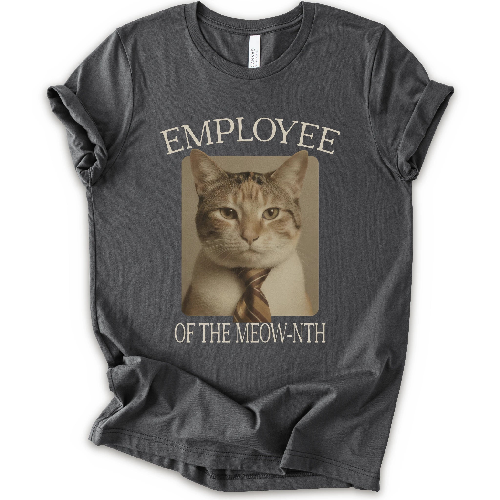 A asphalt short-sleeve crewneck t-shirt with a graphic print of a cat wearing a tie inside a beige frame, with the text 'EMPLOYEE OF THE MEOW-NTH' in beige lettering.