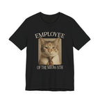 Black Tee with “Employee of the Meow-nth” text around a sepia cat portrait with a striped tie in a retro office-award layout