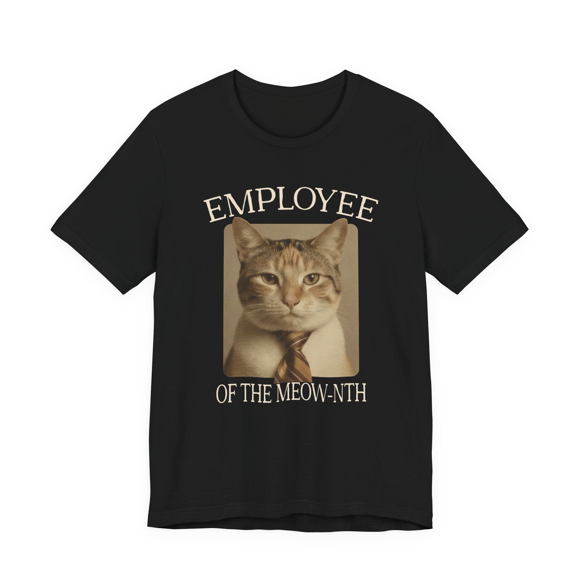 Black Tee with “Employee of the Meow-nth” text around a sepia cat portrait with a striped tie in a retro office-award layout