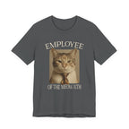 Grey T-shirt with “Employee of the Meow-nth” text around a sepia cat portrait with a striped tie in a retro office-award layout
