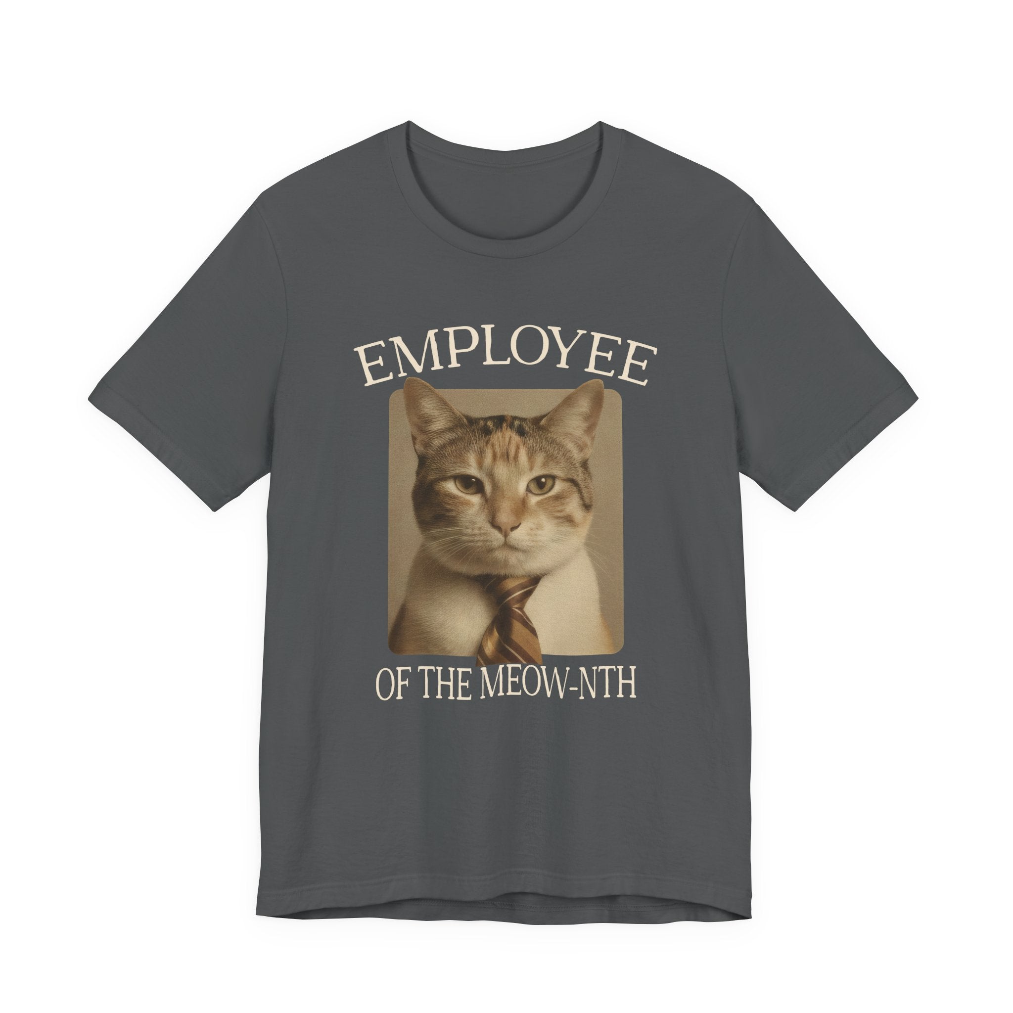 Grey T-shirt with “Employee of the Meow-nth” text around a sepia cat portrait with a striped tie in a retro office-award layout