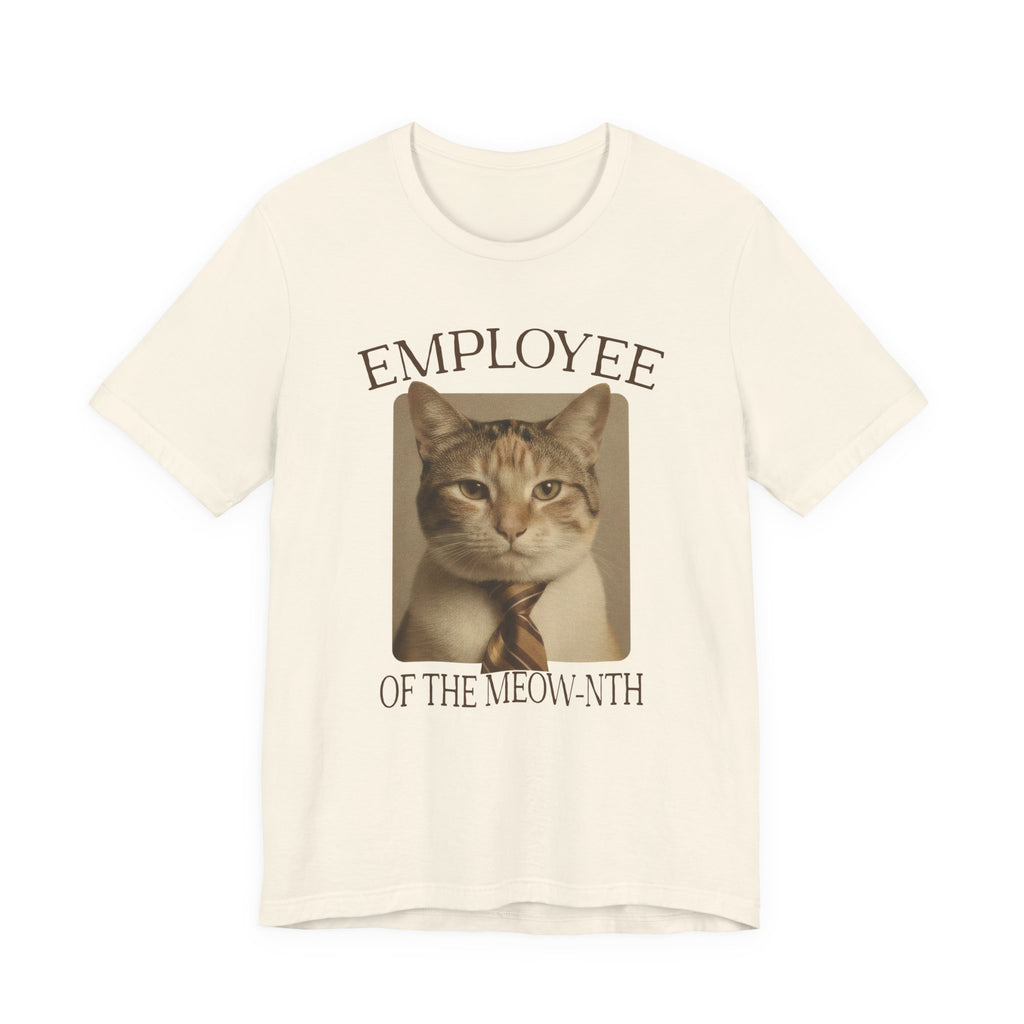 Cream Tee with “Employee of the Meow-nth” text around a sepia cat portrait with a striped tie in a retro office-award layout