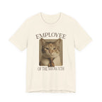 Cream Tee with “Employee of the Meow-nth” text around a sepia cat portrait with a striped tie in a retro office-award layout