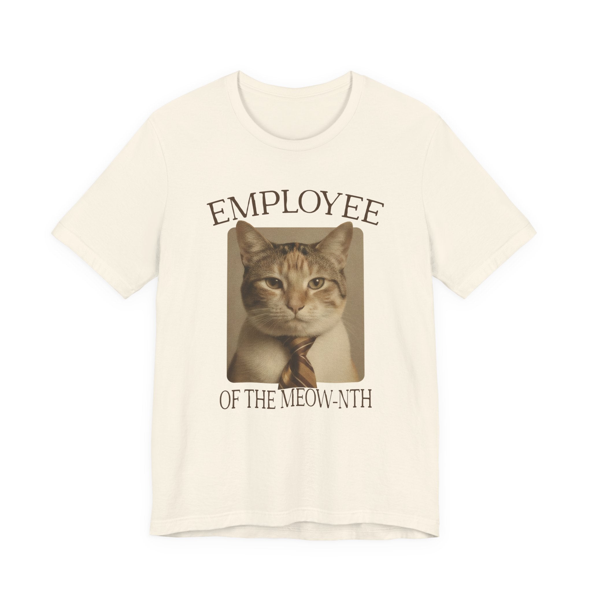 Cream Tee with “Employee of the Meow-nth” text around a sepia cat portrait with a striped tie in a retro office-award layout