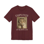 Red T-shirt with “Employee of the Meow-nth” text around a sepia cat portrait with a striped tie in a retro office-award layout