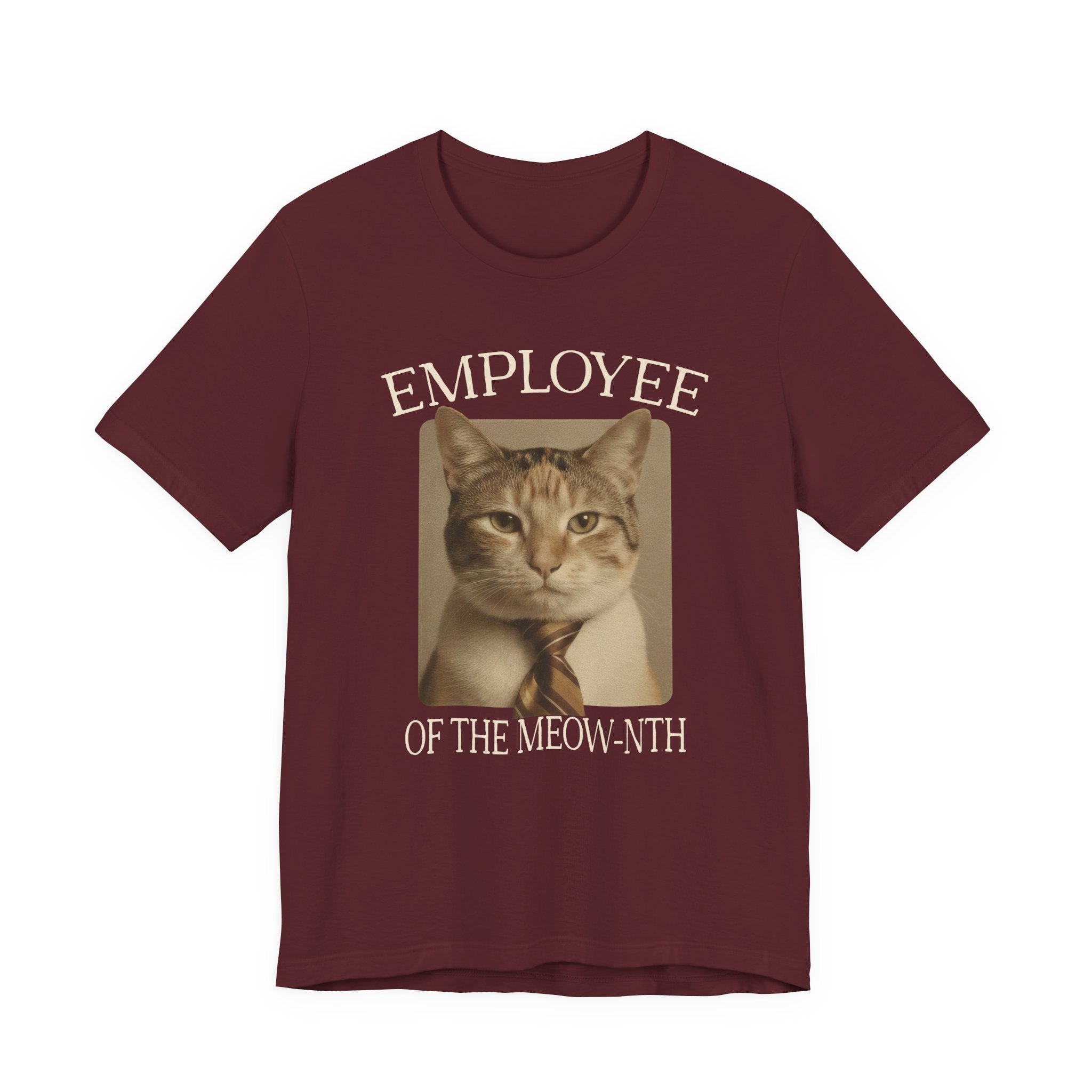 Red T-shirt with “Employee of the Meow-nth” text around a sepia cat portrait with a striped tie in a retro office-award layout