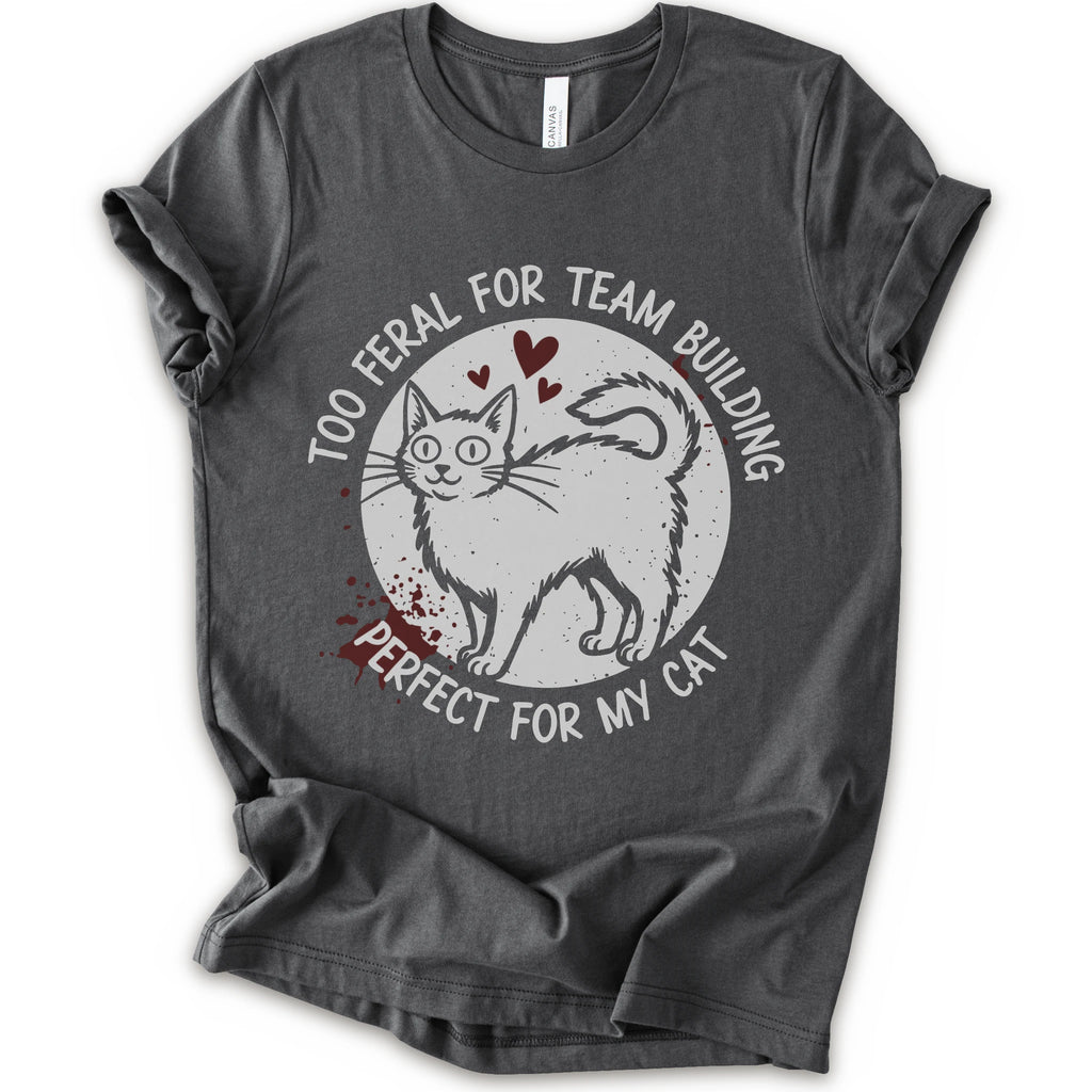A asphalt short-sleeve crewneck t-shirt with a distressed white graphic of a cat inside a circle, surrounded by the text 'TOO FERAL FOR TEAM BUILDING' and 'PERFECT FOR MY CAT'.