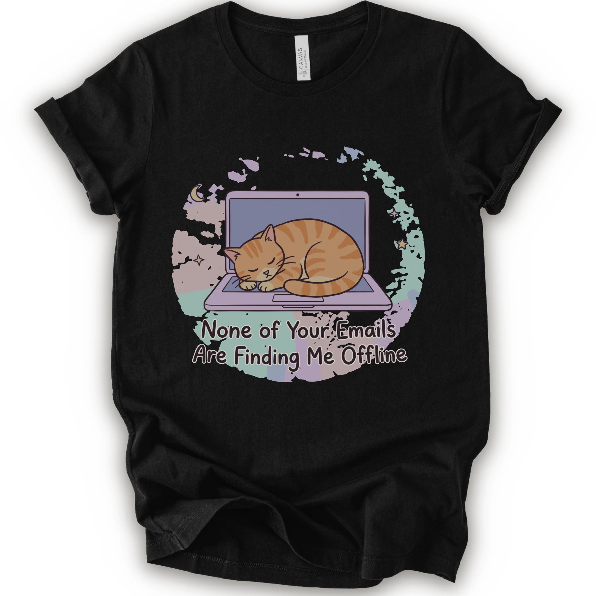 A black short-sleeve graphic t-shirt featuring an illustration of an orange tabby cat sleeping on a laptop with the text 'None of Your Emails Are Finding Me Offline' underneath.