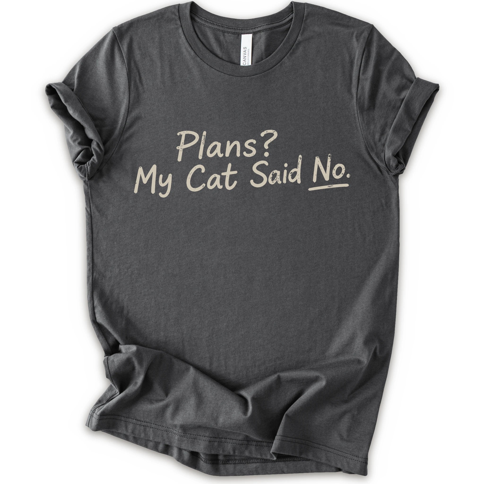 A asphalt short-sleeve crewneck t-shirt with the phrase 'Plans? My Cat Said No.' printed in a beige handwritten font across the chest.