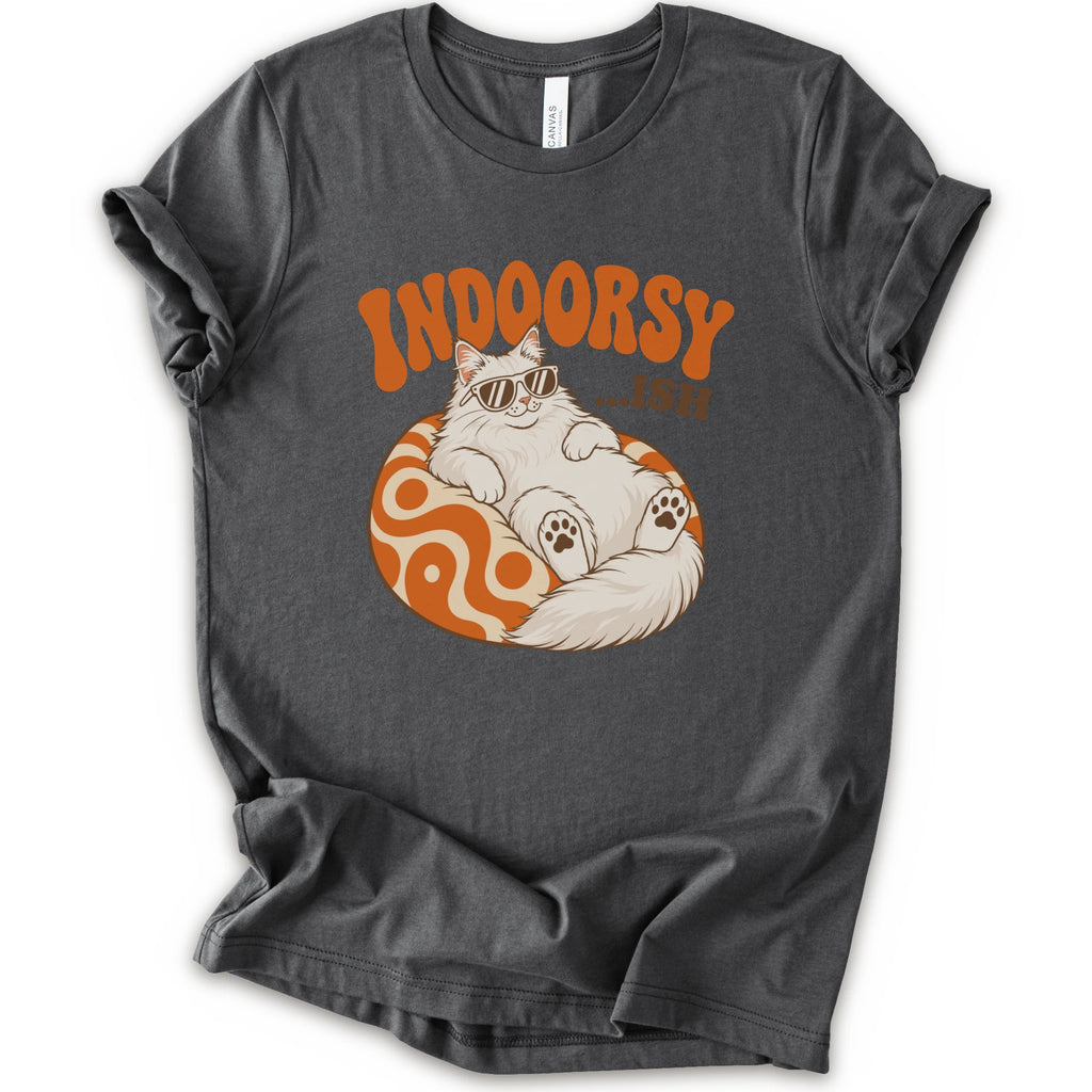 An asphalt short-sleeve t-shirt with a graphic of a white cat wearing sunglasses on an orange patterned ball, with the text 'INDOORSY... .ish'.