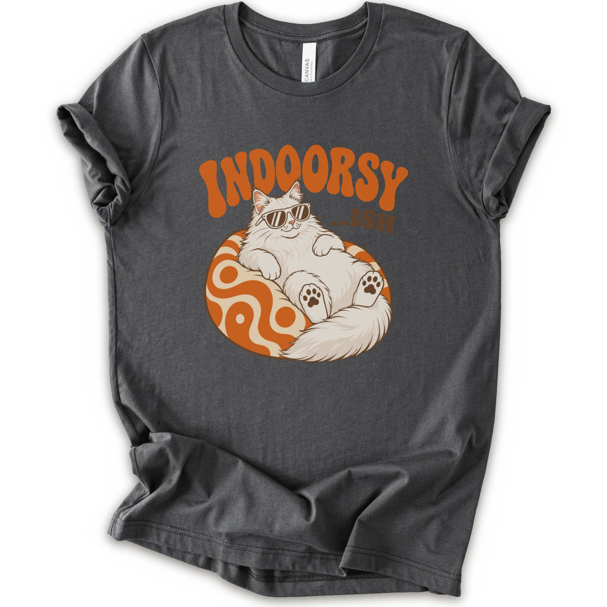 An asphalt short-sleeve t-shirt with a graphic of a white cat wearing sunglasses on an orange patterned ball, with the text 'INDOORSY... .ish'.