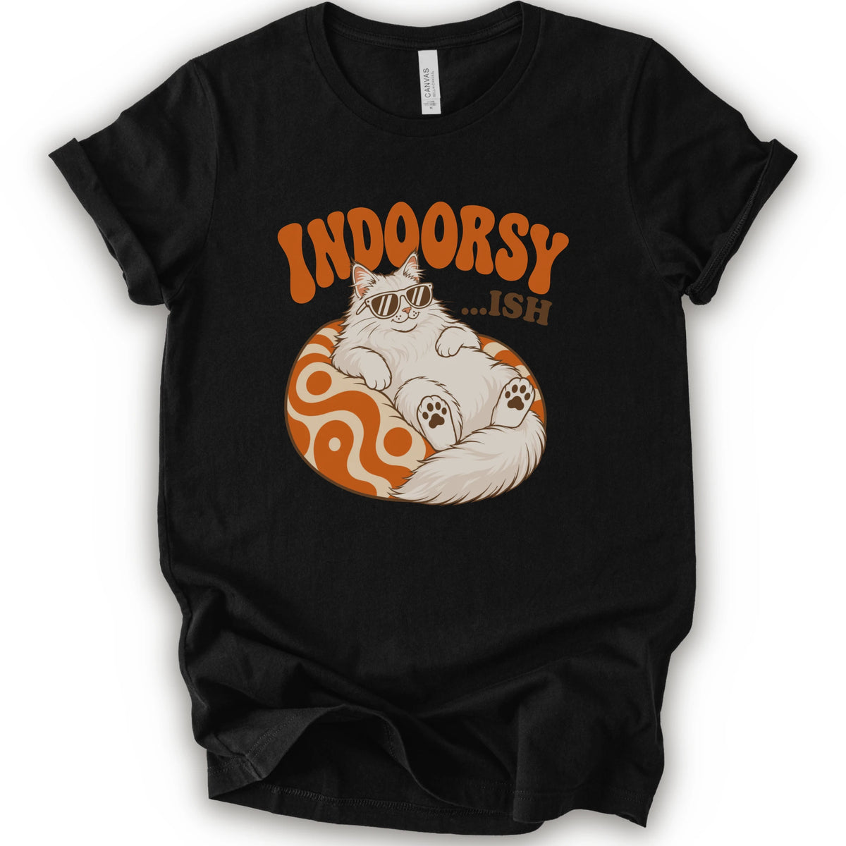 A black short-sleeve t-shirt with a graphic of a white cat wearing sunglasses on an orange patterned ball, with the text 'INDOORSY... .ish'.
