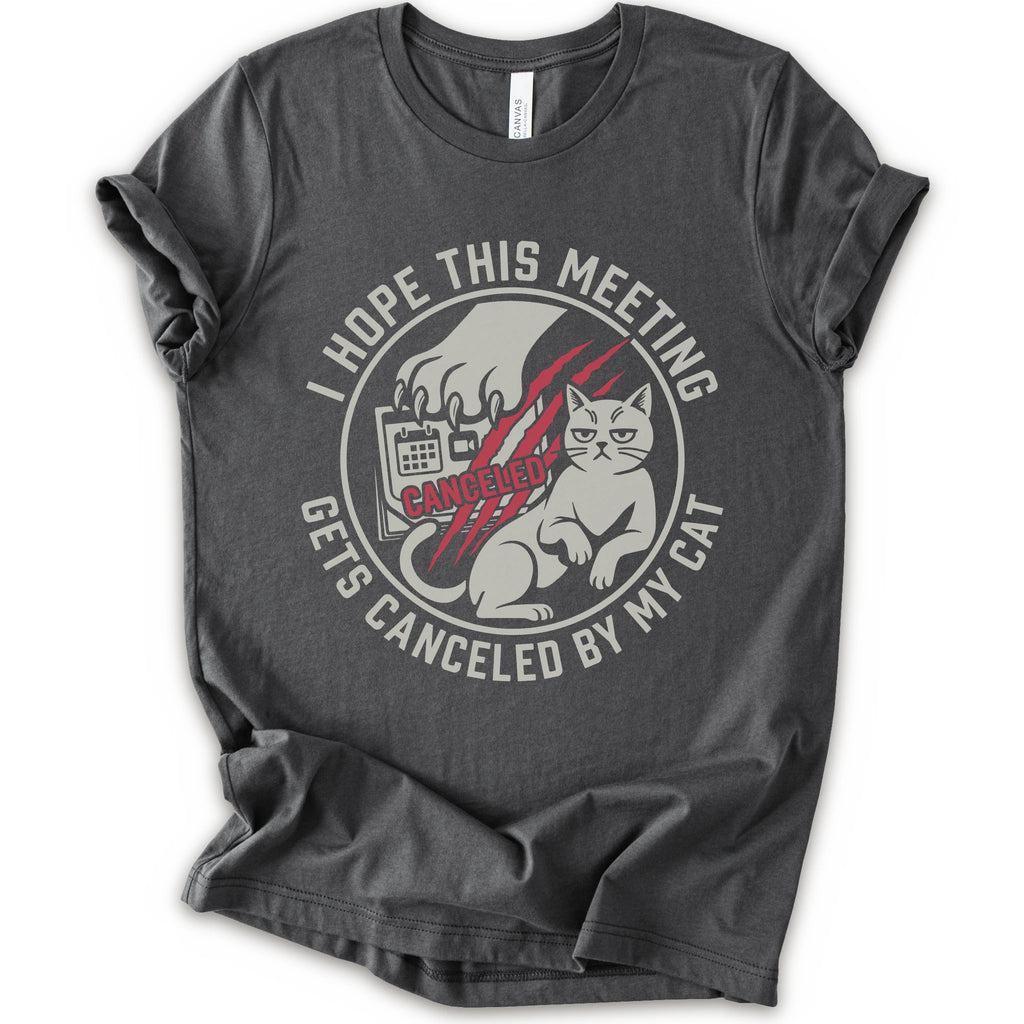 A asphalt short-sleeve crewneck t-shirt with a circular graphic on the front. The graphic features a white cat, a hand scratching, and the text 'I HOPE THIS MEETING GETS CANCELLED BY MY CAT' in white, with 'CANCELLED' written in red script.