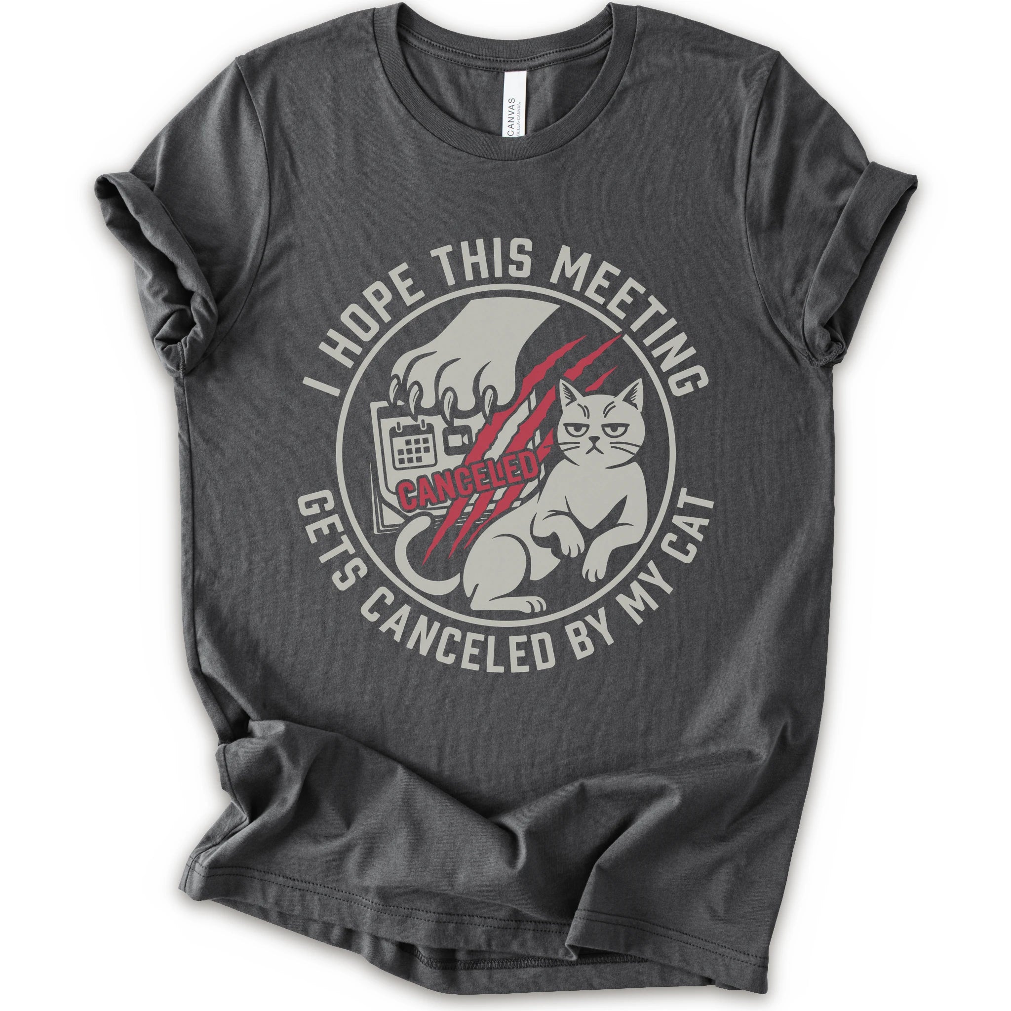 A asphalt short-sleeve crewneck t-shirt with a circular graphic on the front. The graphic features a white cat, a hand scratching, and the text 'I HOPE THIS MEETING GETS CANCELLED BY MY CAT' in white, with 'CANCELLED' written in red script.
