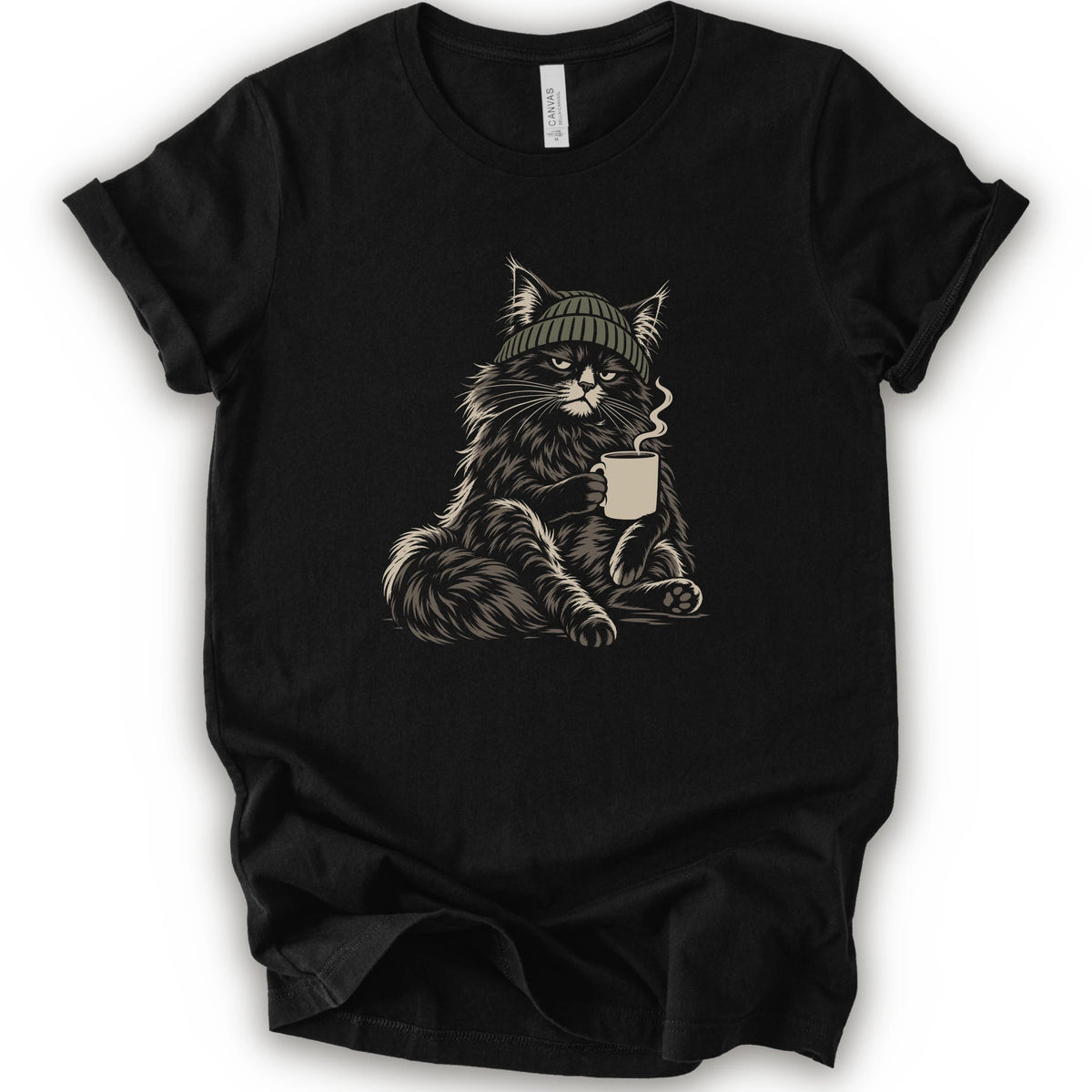 A black short-sleeve t-shirt with a graphic of a fluffy cat wearing a green beanie and holding a mug, displayed.