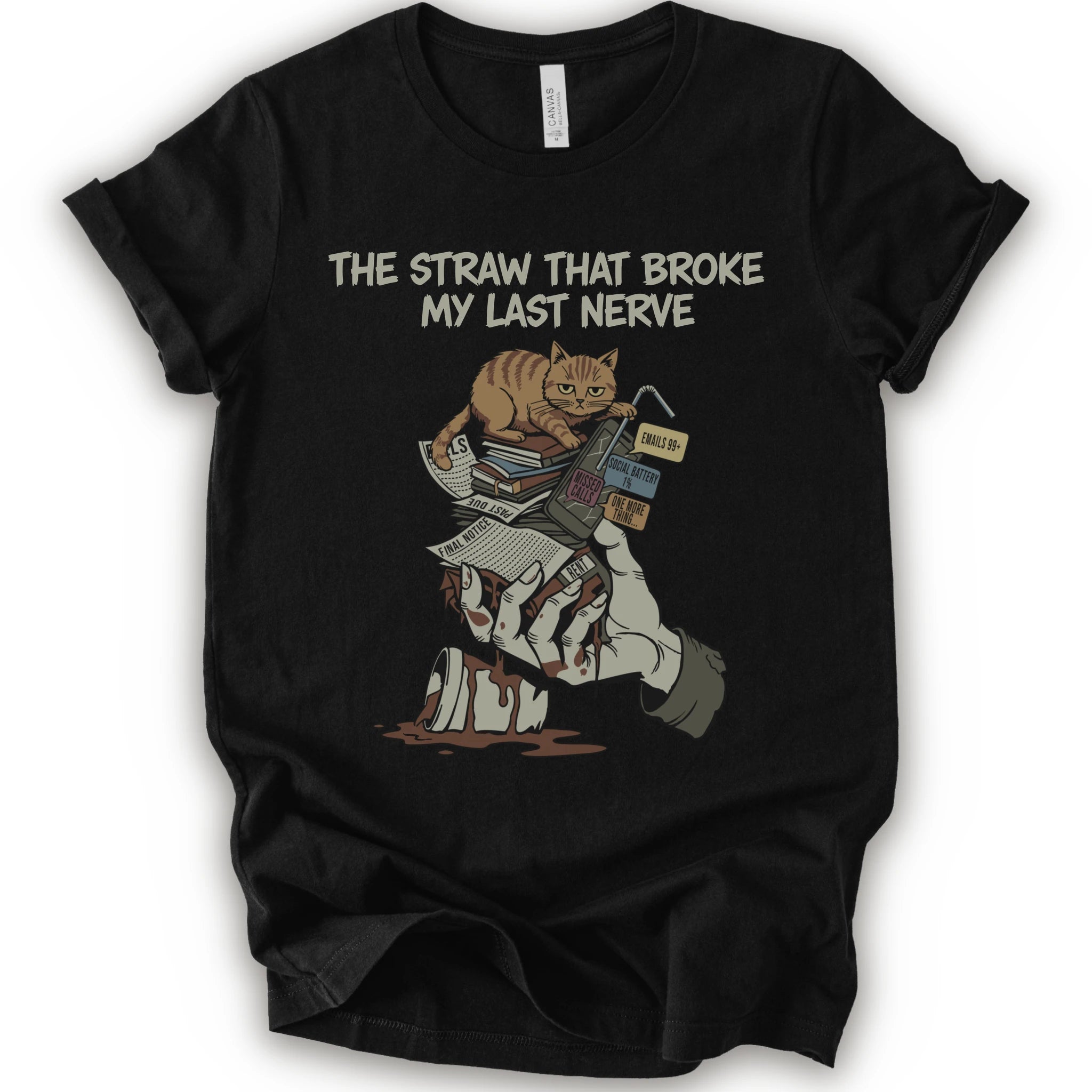 A black short-sleeve graphic t-shirt featuring a cartoon illustration of an orange tabby cat sitting on books and a bloody hand holding a broken straw, with the text 'THE STRAW THAT BROKE MY LAST NERVE' printed above.