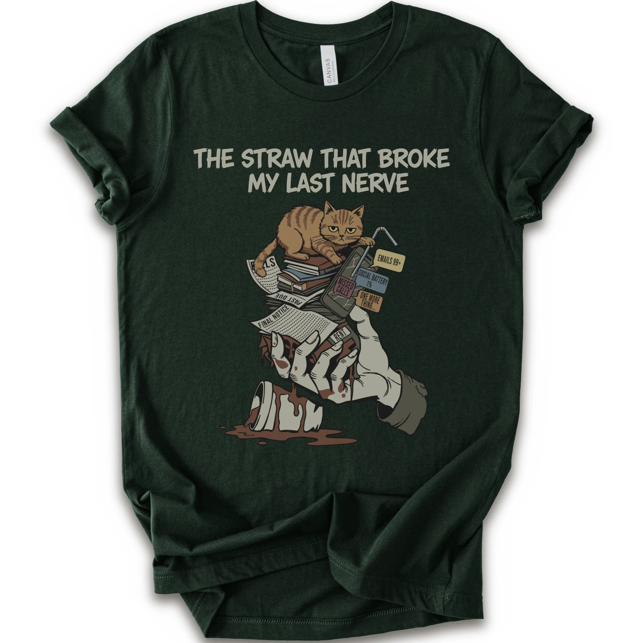 A forest short-sleeve graphic t-shirt featuring a cartoon illustration of an orange tabby cat sitting on books and a bloody hand holding a broken straw, with the text 'THE STRAW THAT BROKE MY LAST NERVE' printed above.