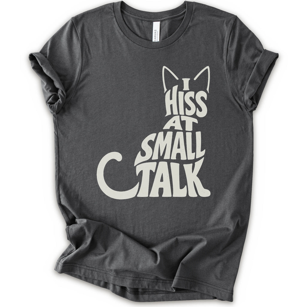 Asphalt graphic t-shirt with off-white “I Hiss at Small Talk” typography with pointed cat ears and a large curved tail