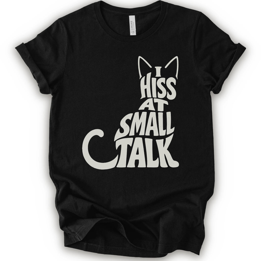 Black graphic t-shirt with off-white “I Hiss at Small Talk” typography with pointed cat ears and a large curved tail