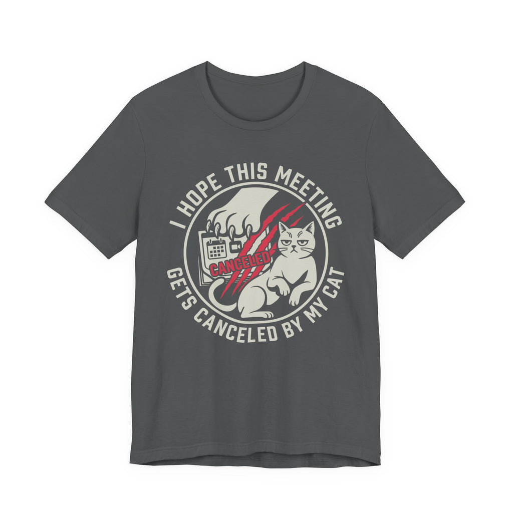 Grey Tee with Retro badge reading “I Hope This Meeting Gets Canceled by My Cat” with a cat, calendar, and claw marks