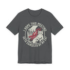 Grey Tee with Retro badge reading “I Hope This Meeting Gets Canceled by My Cat” with a cat, calendar, and claw marks