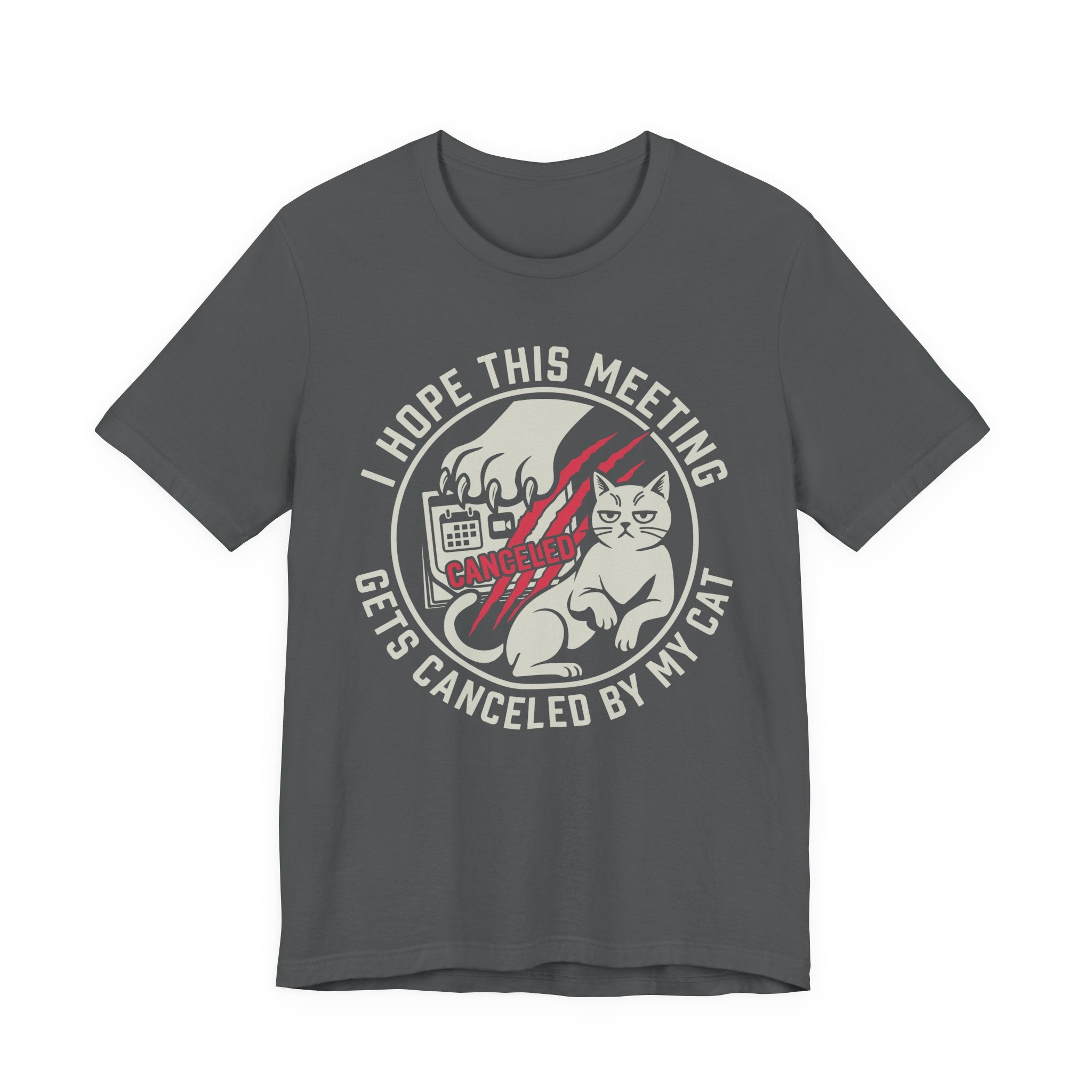 Grey Tee with Retro badge reading “I Hope This Meeting Gets Canceled by My Cat” with a cat, calendar, and claw marks