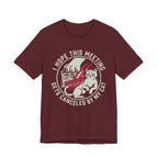 Red Tee with Retro badge reading “I Hope This Meeting Gets Canceled by My Cat” with a cat, calendar, and claw marks