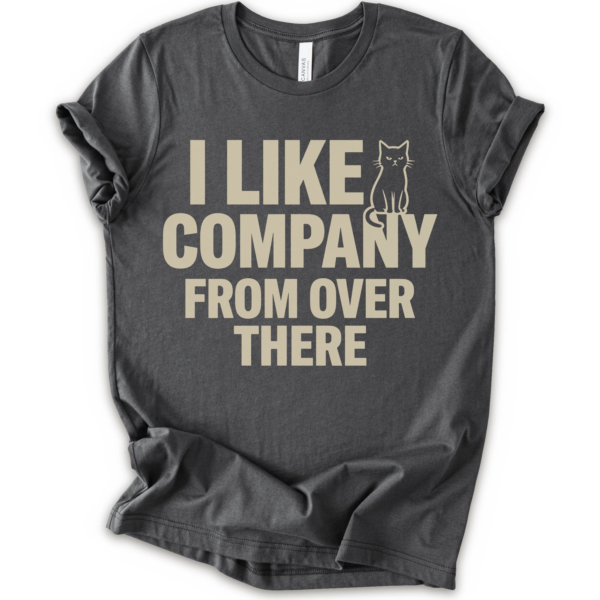 Asphalt graphic t-shirt with "I Like Company From Over There" text with an unimpressed sitting cat in a bold stacked T-shirt design