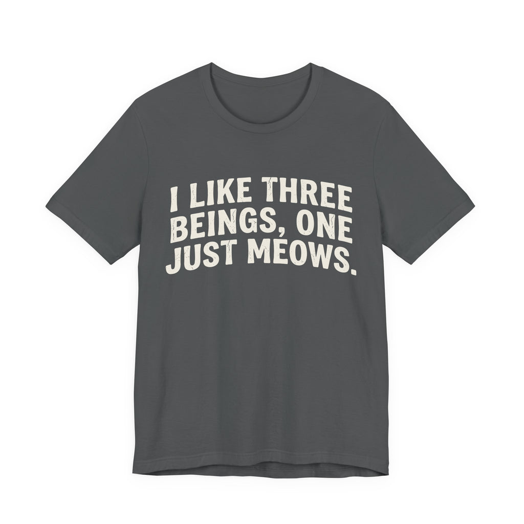 A asphalt short-sleeve crewneck t-shirt featuring a graphic with Distressed cream text reading “I LIKE THREE BEINGS, ONE JUST MEOWS.” 