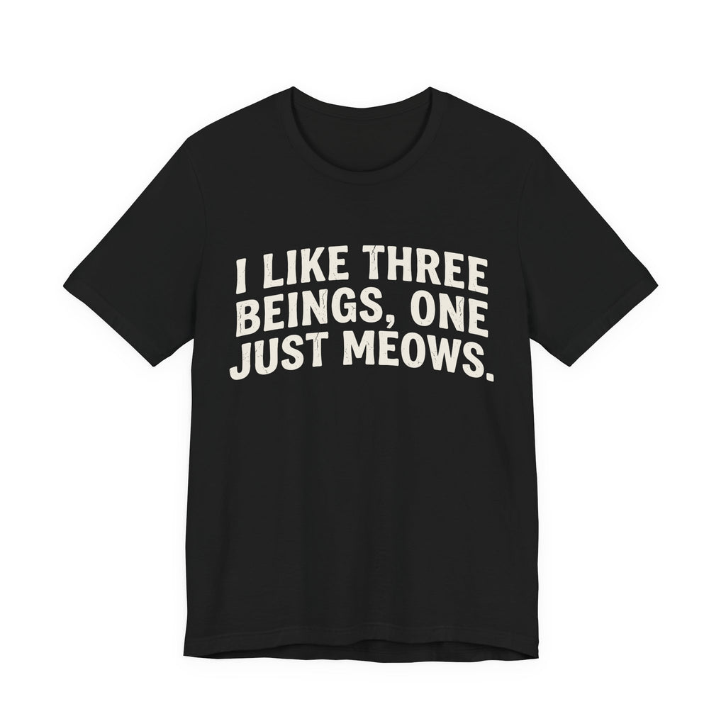 A black short-sleeve crewneck t-shirt featuring a graphic with Distressed cream text reading “I LIKE THREE BEINGS, ONE JUST MEOWS.” 
