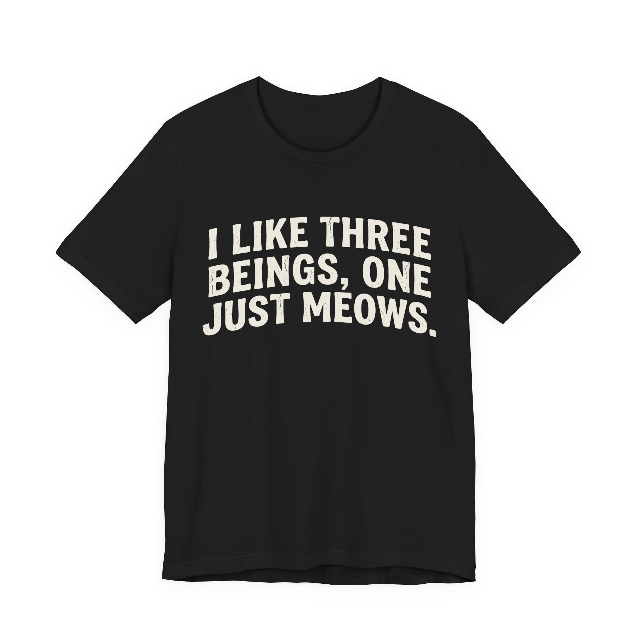 A black short-sleeve crewneck t-shirt featuring a graphic with Distressed cream text reading “I LIKE THREE BEINGS, ONE JUST MEOWS.” 