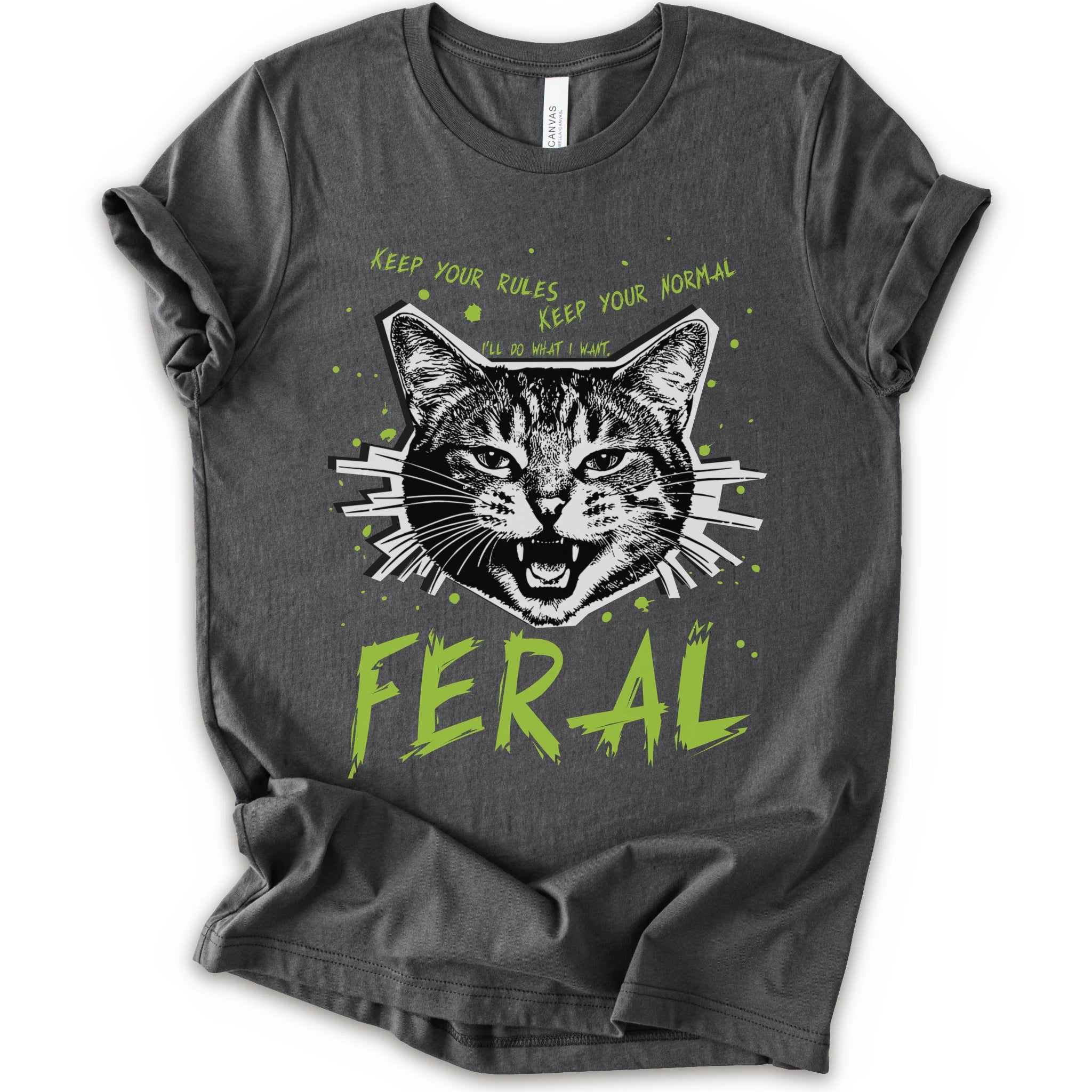A asphalt short-sleeve graphic t-shirt featuring a stylized illustration of a cat's face with the text 'KEEP YOUR RULES KEEP YOUR NORMAL' above and 'FERAL' in distressed lime green below.