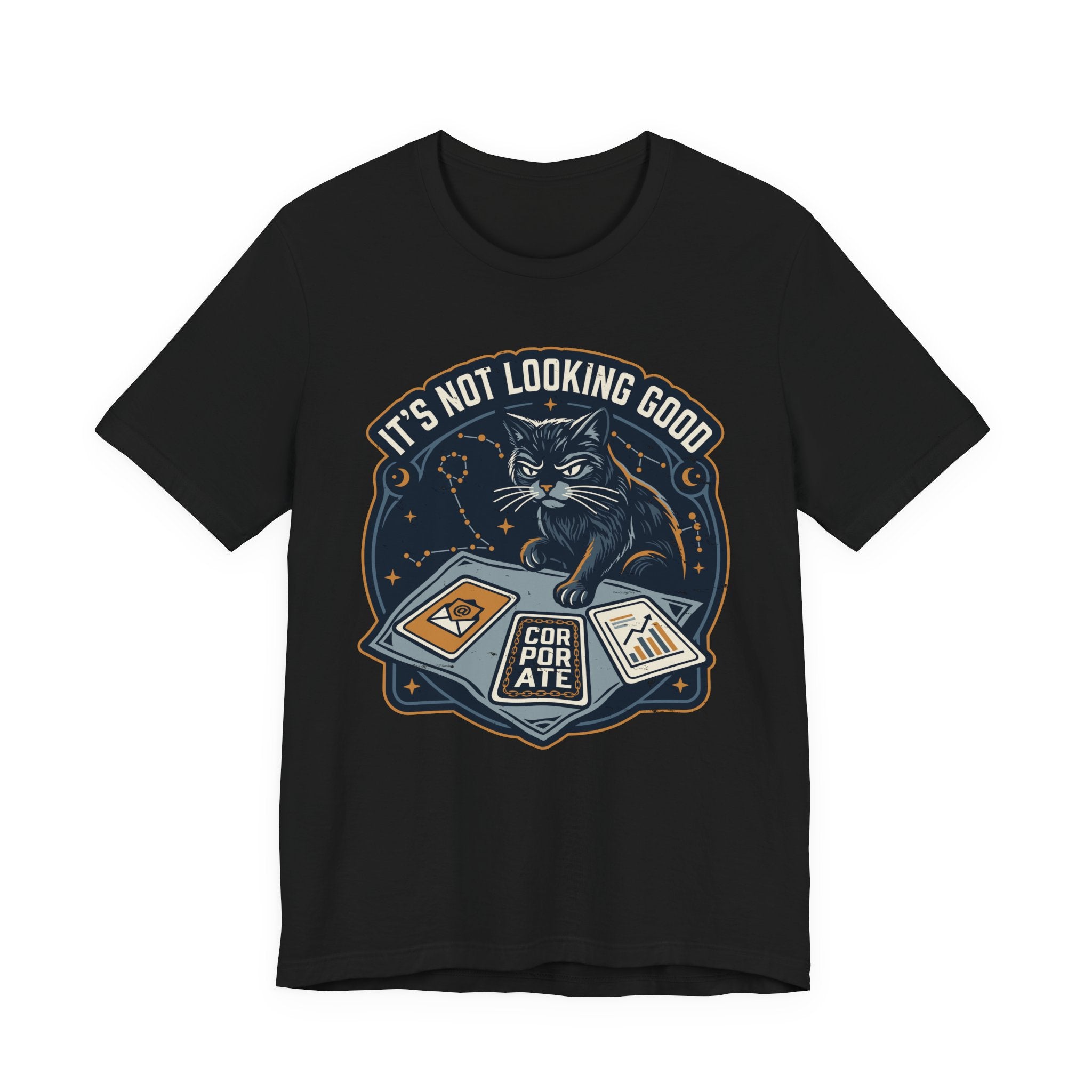 Black Tee with “It’s Not Looking Good” text above a cat reading tarot-style corporate cards with moons and stars