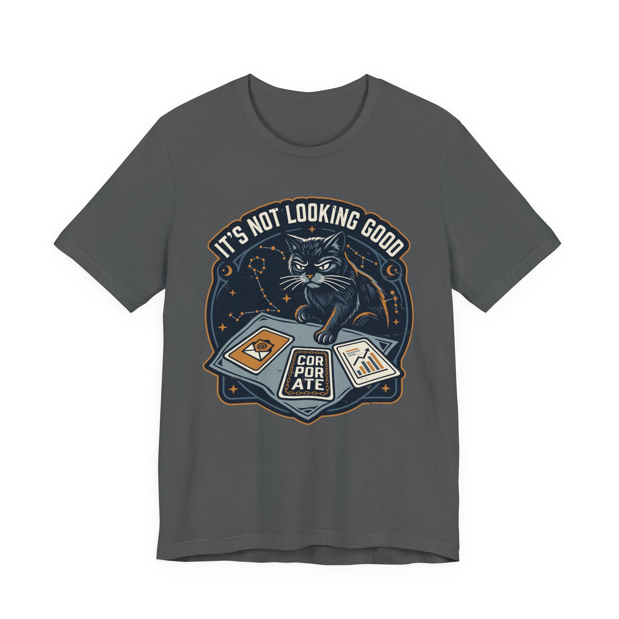 Grey Tee with “It’s Not Looking Good” text above a cat reading tarot-style corporate cards with moons and stars