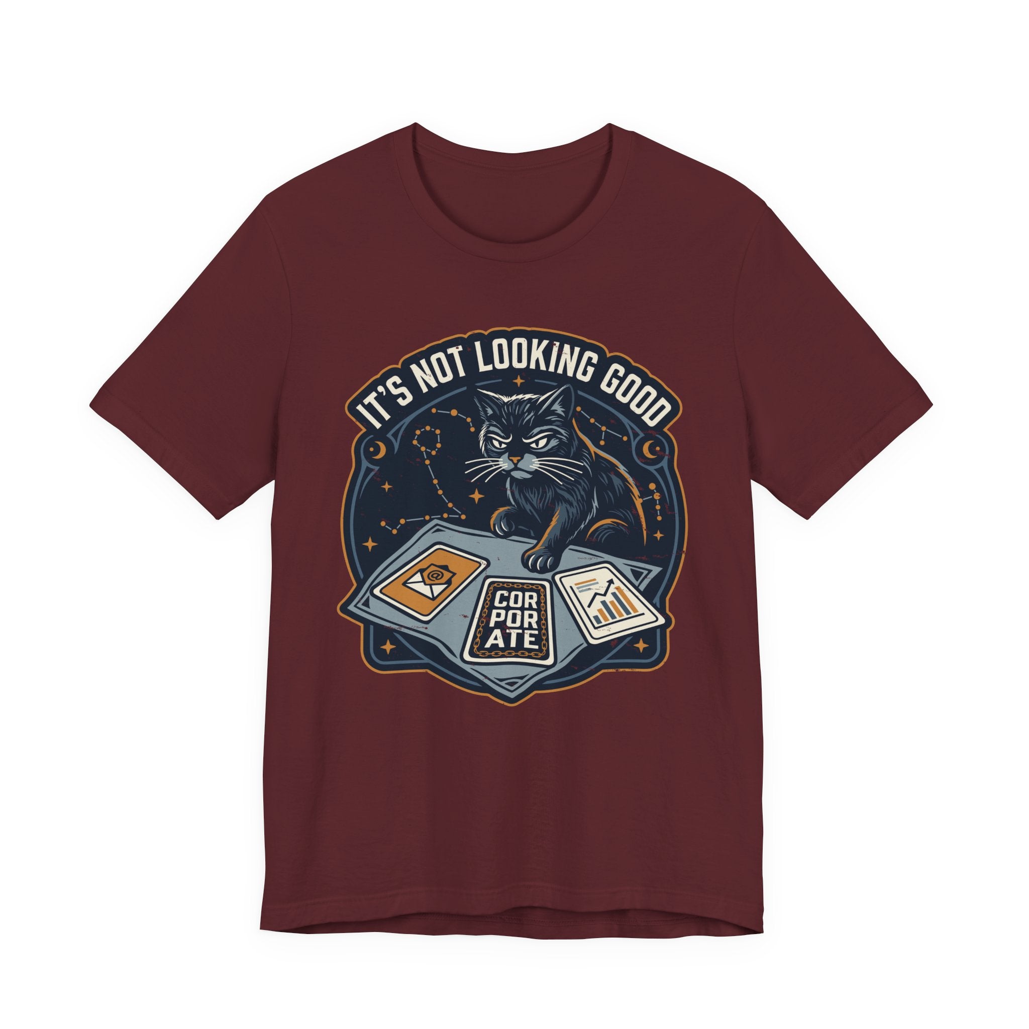 Red Tee with “It’s Not Looking Good” text above a cat reading tarot-style corporate cards with moons and stars