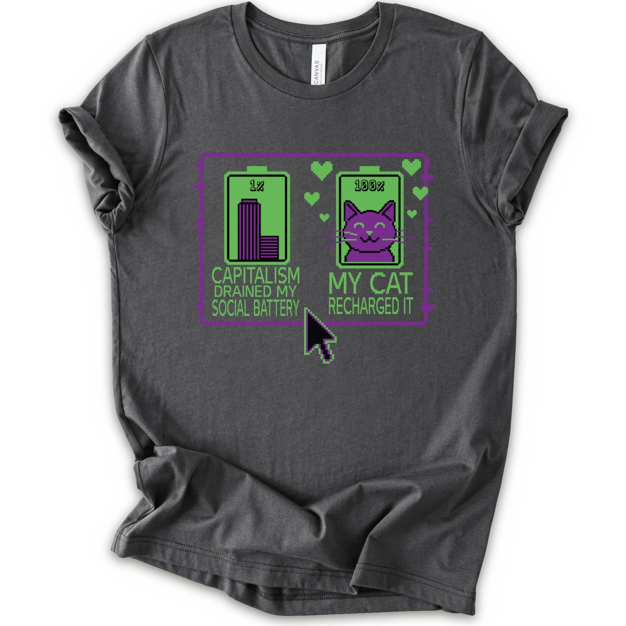A asphalt short-sleeve crewneck T-shirt with pixel batteries, cat graphic, and “Capitalism drained my social battery. My cat recharged it.”