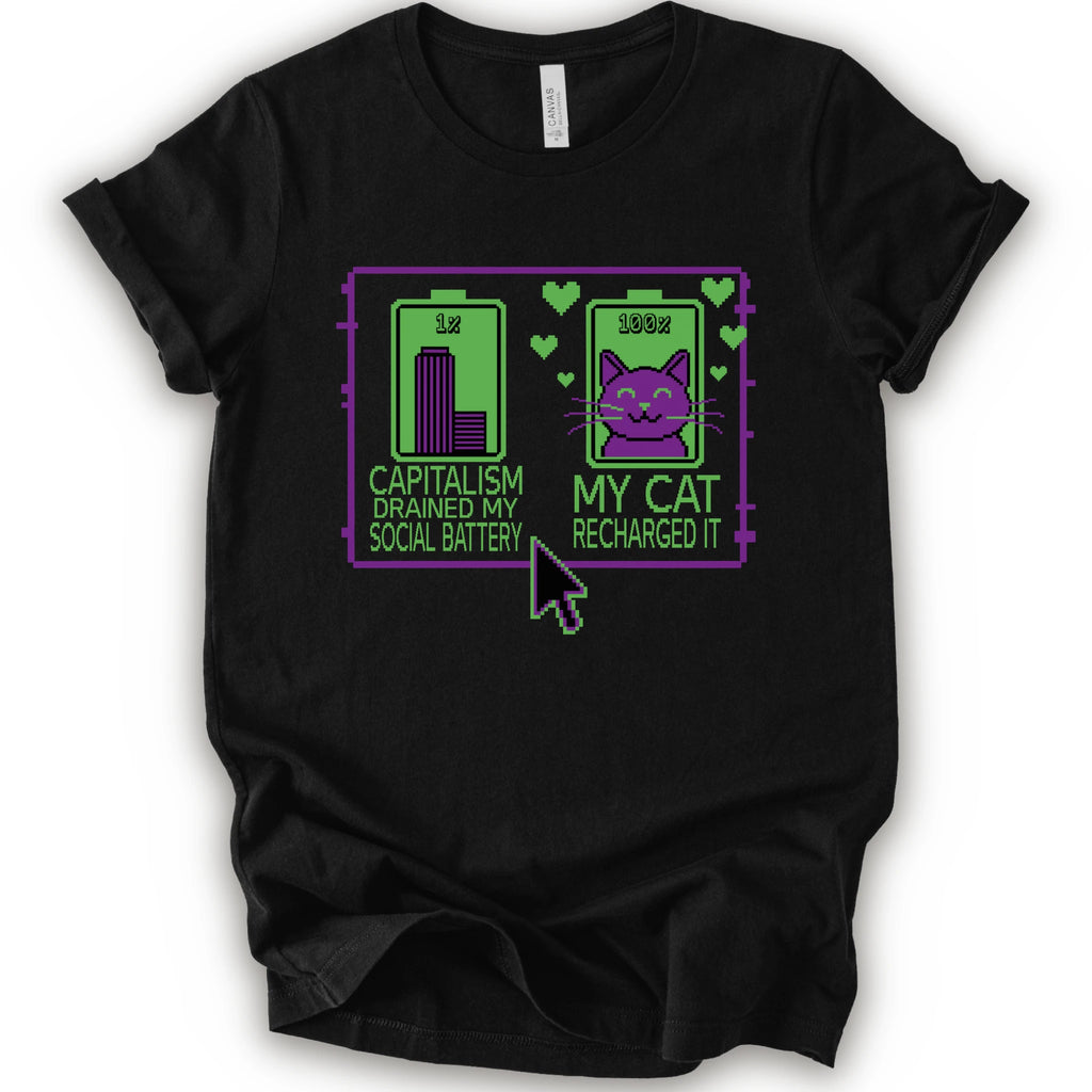 A black short-sleeve crewneck T-shirt with pixel batteries, cat graphic, and “Capitalism drained my social battery. My cat recharged it.”