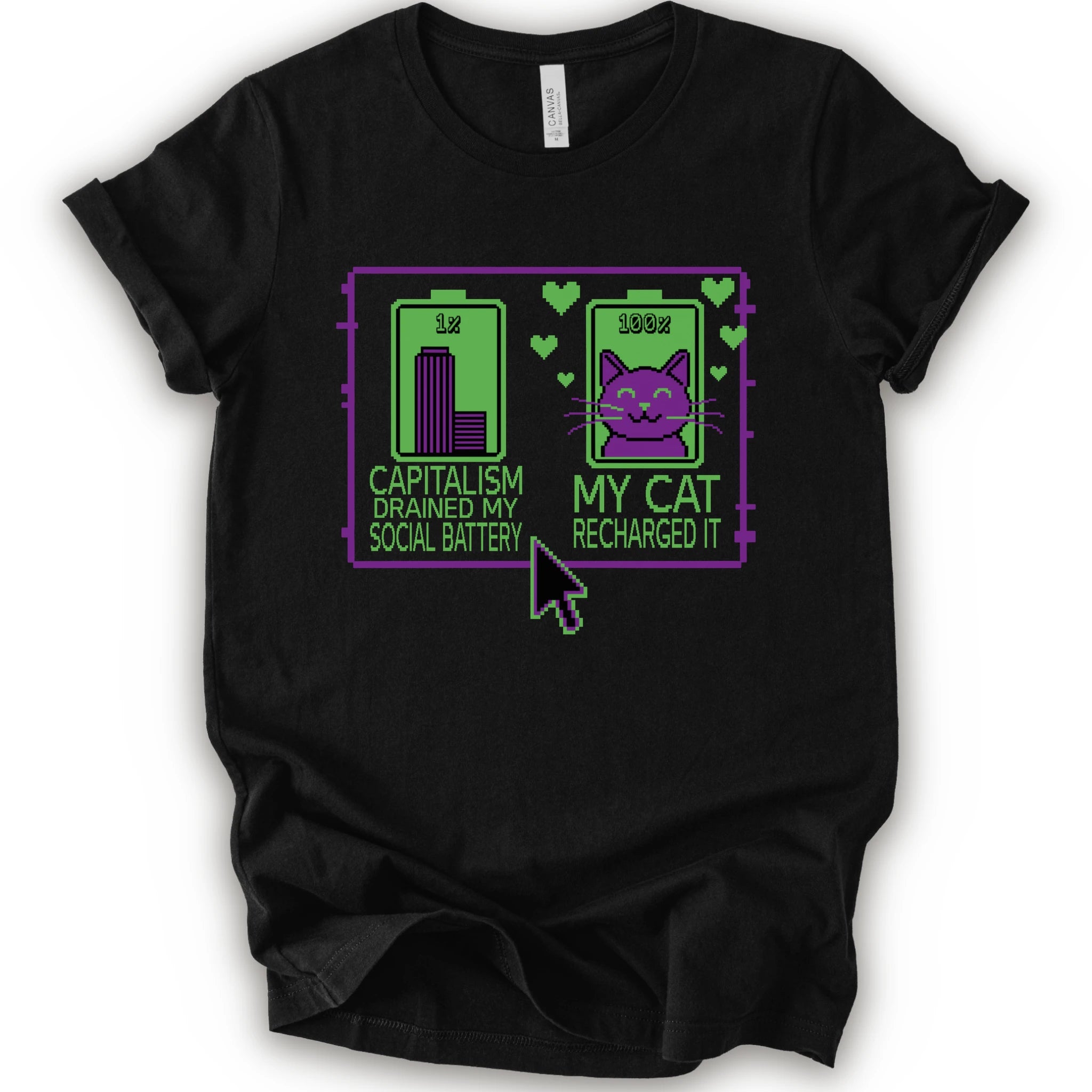 A black short-sleeve crewneck T-shirt with pixel batteries, cat graphic, and “Capitalism drained my social battery. My cat recharged it.”